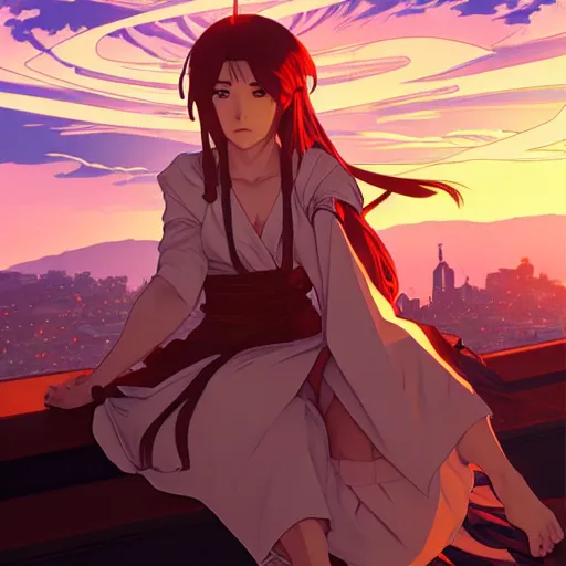 Image similar to digital anime art in the style of netflix arcane, beautiful gorgeous female shinobi sitting on an old oriental roof at sunset, wlop, alphonse mucha, greg rutkowski, ilya kuvshinov, backlit