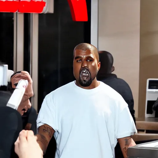 Prompt: kanye west shouting and screaming frantically at mcdonalds drive trough employee