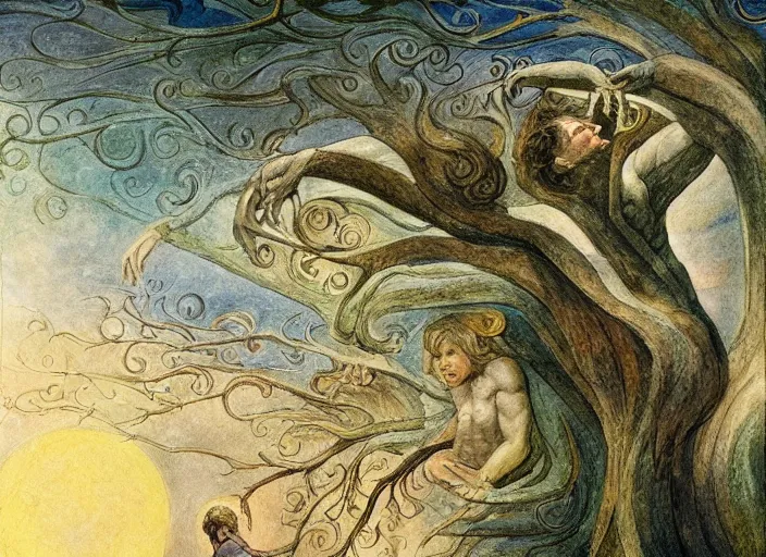 Prompt: most beautiful tree lance seeker of wisdom gentile in the style of william blake, terese nielsen, detailed, intricate, steve argyle, most beatiful faces, cinematic, dramatic lighting, 8 k resolution, pastoral fantastic reality