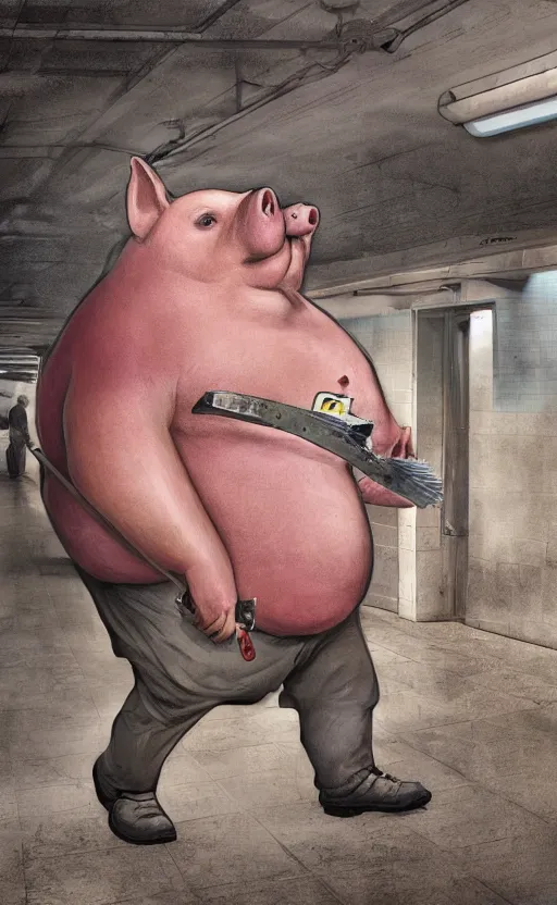 Image similar to fat pig with a human height with a chainsaw in the subway, photo, photorealistic, detailed, 8 k, hdr, high quality, high resolution, lossless quality, lossless, 4 k, 1 6 k