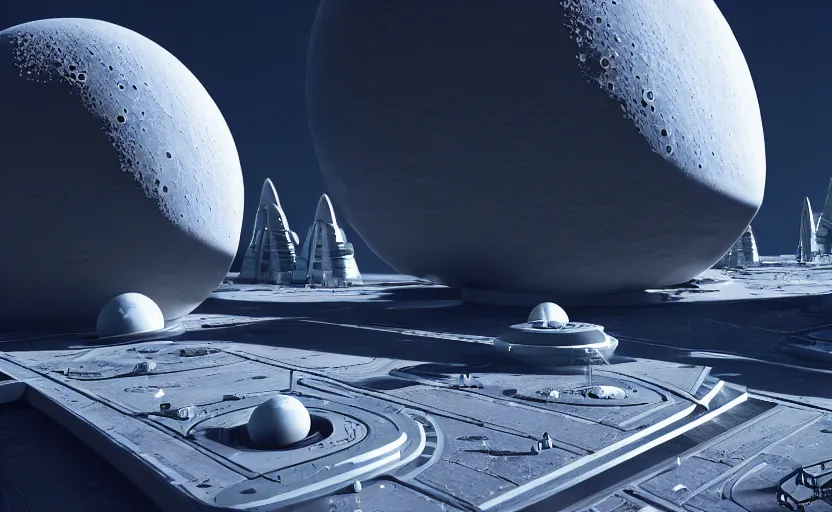 Image similar to a futuristic moon base, highly detailed, 8 k, hdr, award - winning, octane render, artstation