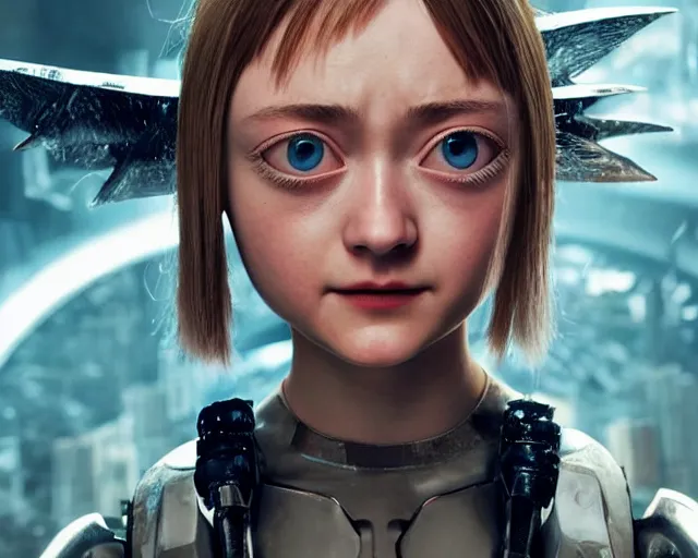 Prompt: film still of dakota fanning as battle angel alita, beautiful portrait, watery doe eyes, mouth agape, photorealistic, lifelike, human actress, octane engine, cinematic lighting, high detail, high resolution