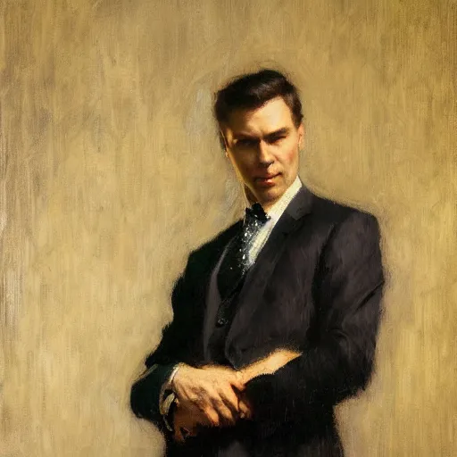 Image similar to detailed portrait of man in black suit, spring light, painting by gaston bussiere, craig mullins, j. c. leyendecker