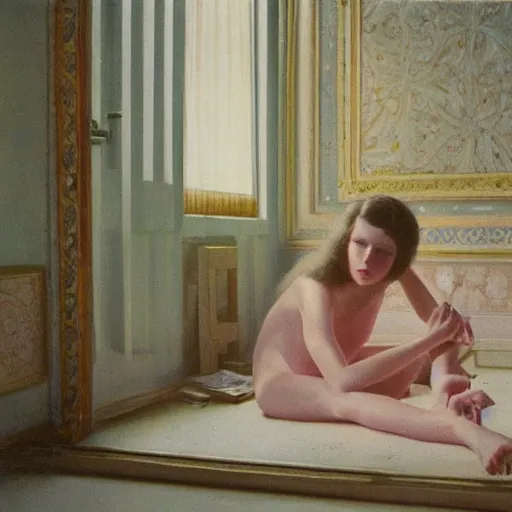 Image similar to a young ivory and golden filigree girl in an soviet liminal abandoned room, film still by wes anderson, depicted by balthus, limited color palette, very intricate, art nouveau, highly detailed, lights by hopper, soft pastel colors