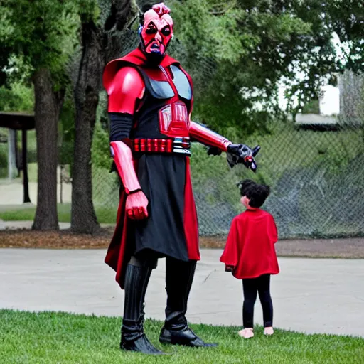 Prompt: Darth Maul watching his kids play at the park