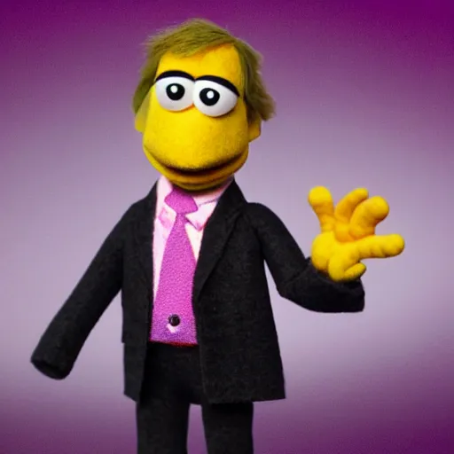 Image similar to saul goodman as a muppet. dark suit with pink dress shirt. highly detailed felt. hyper real photo. 4 k.