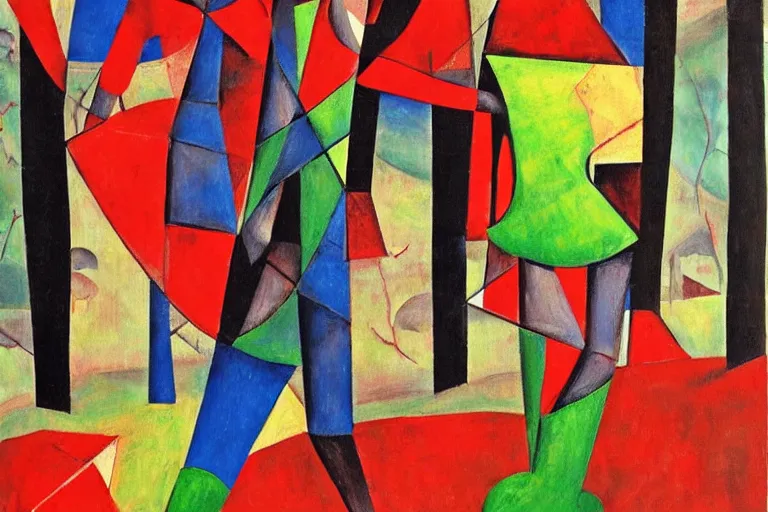 Image similar to little red riding hood walking in the forest, cubism style, painting