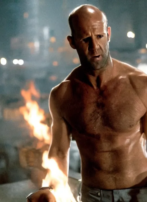Prompt: film still of Jason Statham as John McClane in Die Hard, 4k
