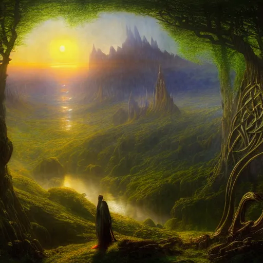 Prompt: a beautiful and highly detailed matte painting of the lost elven land of beautiful dreams, sunrise, celtic, psychedelic, epic scale, insanely complex, hyperdetailed, sharp focus, hyperrealism, artstation, cgsociety, 8 k, bright colors, by caspar friedrich, albert bierstadt, james gurney, brian froud,