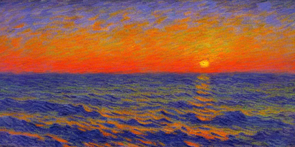 Image similar to An aesthetically pleasing, dynamic, energetic, lively, well-designed digital art of the ocean at sunset, light and shadow, by Claude Monet, superior quality, masterpiece, excellent use of negative space. 8K, superior detail.