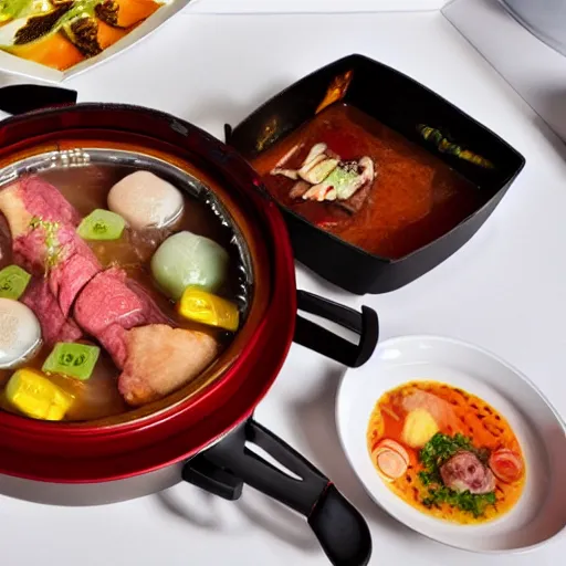 Image similar to high - end hot pot restaurant serving unicorn meat