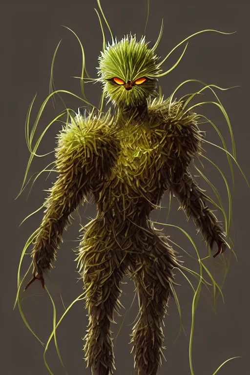 Image similar to a humanoid figure dandelion moss plant monster thistle armour, orange eyes, highly detailed, digital art, sharp focus, trending on art station, anime art style