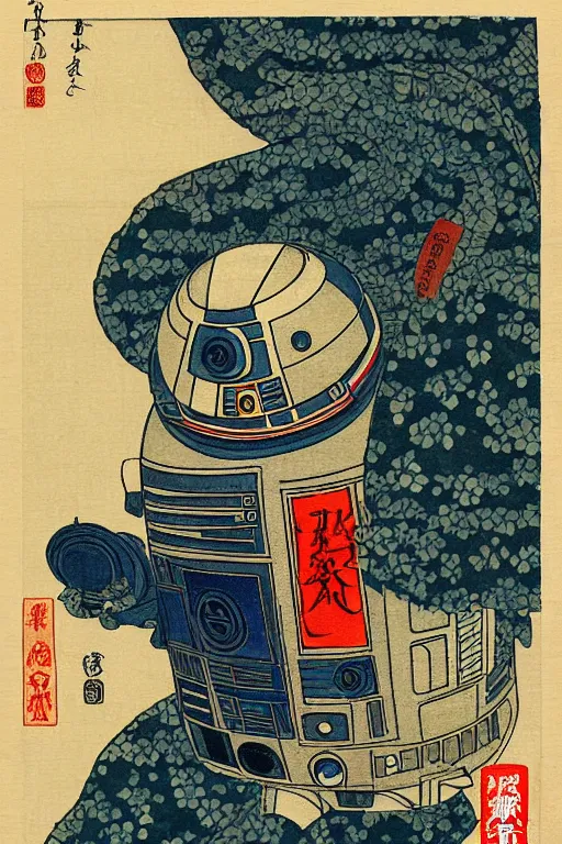 Image similar to Japanese woodblock print of r2d2, hokusai