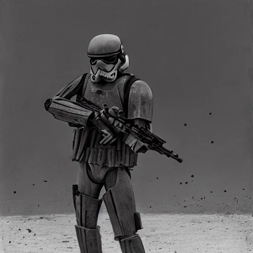 Image similar to war photography, the falling soldier, an imperial stormtrooper, zeroes in on the instant of death forever anticipated in the painting, etched into the public's mind, groundbreaking, breathtaking, awardwinning, by robert capa, digital intricate art, hyperrealist, detailed, 8 k, 3 5 mm, canon, extreme long shot