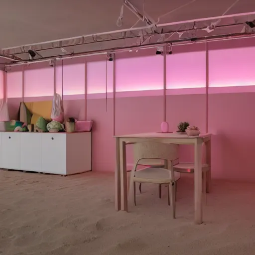 Image similar to An ultra high definition, professional photograph of a partial IKEA showroom inspired sculpture located on a pastel pink beach ((with pastel pink, dimpled sand where every item is pastel pink. The sun can be seen rising through a window in the showroom.)) The showroom unit is outdoors and the floor is made of dimpled sand. Morning time indirect lighting with on location production lighting on the showroom. In the style of wallpaper magazine, Wes Anderson.