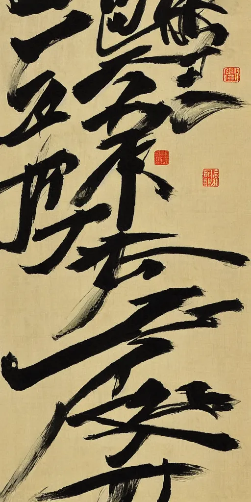 Prompt: a scroll of Chinese calligraphy by Wang Xizhi, black and yellow scheme