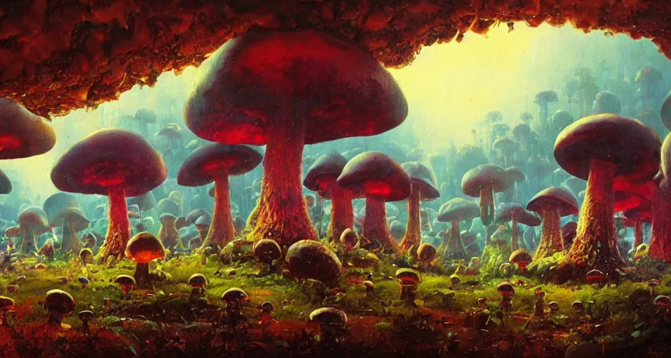 Prompt: A tribal village in a forest of giant mushrooms, by PAUL LEHR ,
