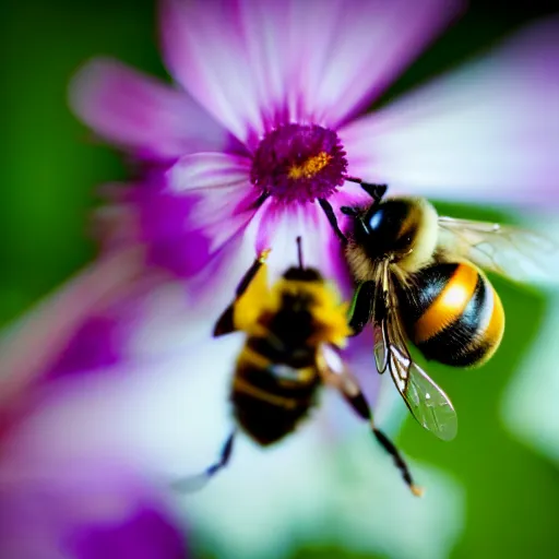 Image similar to bee comprised of flowers, legs as pedicels, wings as flower petals, sits on a finger, 5 0 mm lens, f 1. 4, sharp focus, ethereal, emotionally evoking, head in focus, volumetric lighting, blur dreamy outdoor, inspired by giuseppe arcimboldo