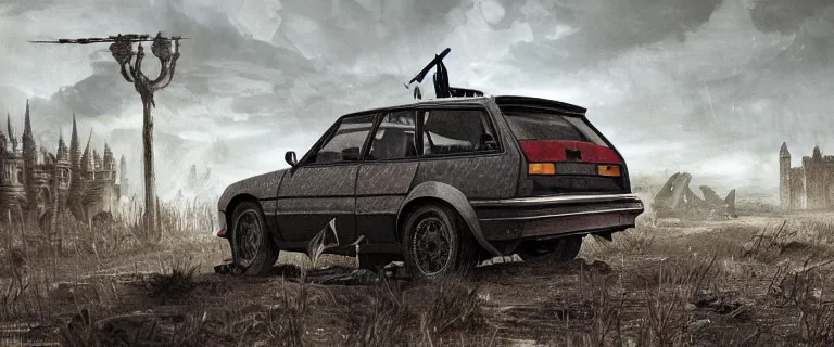 Image similar to Armored and Armed Military Audi 80 B3 Avant (1988) with a mounted M249, Dark Souls 3, Eldritch Horrors, Wretched and Corrupted Knights, a grim fantasy, Anor Londo, dramatic lighting, cinematic, establishing shot, extremely high detail, photorealistic, cinematic lighting, artstation, by simon stalenhag