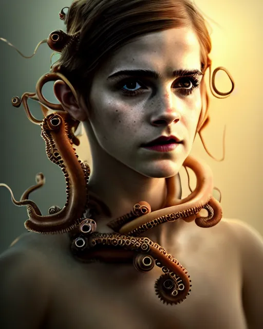 Image similar to underwater steampunk biopunk portrait of emma watson, octopus, au naturel, hyper detailed, digital art, trending in artstation, cinematic lighting, studio quality, smooth render, unreal engine 5 rendered, octane rendered, art style by klimt and nixeu and ian sprigger and wlop and krenz cushart.