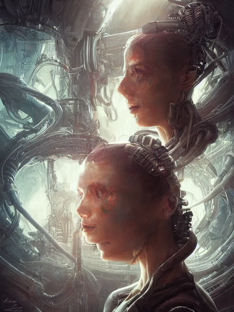 Image similar to a hyperrealistic cyberpunk portrait of a gorgeous woman in the movie Alien, in a derelict spaceship and fractal sunlight, award-winning, masterpiece, in the style of Tom Bagshaw, Cedric Peyravernay, Peter Mohrbacher