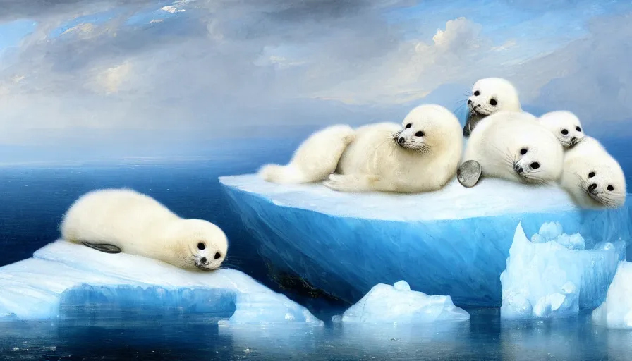 Prompt: highly detailed painting of cute furry white baby seals cuddling into each other on a blue and white iceberg by william turner, by greg rutkowski, by william constable, thick brush strokes and visible paint layers, 4 k resolution