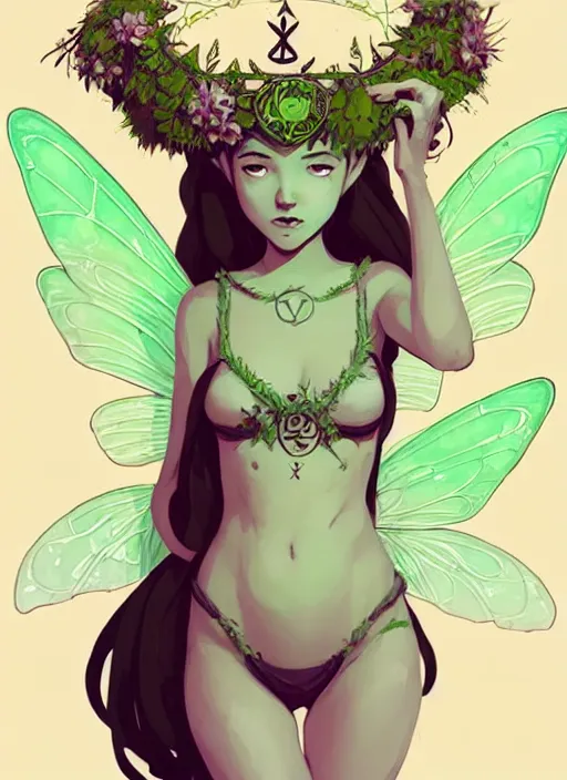 Image similar to cute fairy girl with crown of flowers in plants bikini covered with celtic rune tattoos, fantasy, by atey ghailan, by greg rutkowski, by greg tocchini, by james gilleard, by joe gb fenton, by in kaethe butcher, dynamic lighting, gradient light green, brown, blonde cream and white color in scheme, grunge aesthetic