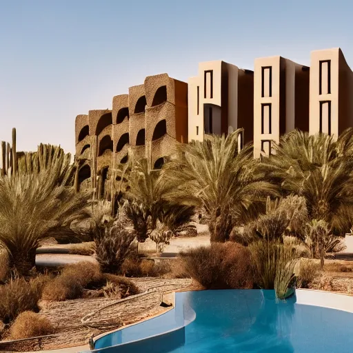 Image similar to brutalism luxury hotel in the desert, biophilia mood, pool, garden, highly detailed, cinematic, photorealistic,