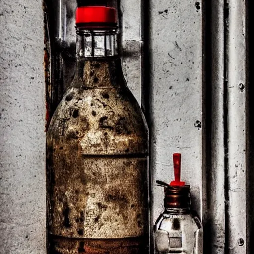 Prompt: bottle of milk, over a rusted metal table inside a jail cell in a slaughterhouse
