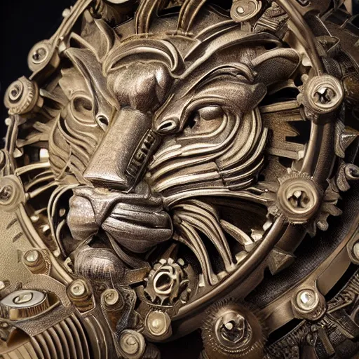 Prompt: A steampunk ornate lion made of engraved full plate armor and gears, Macro shot by Justin Gerard, unreal engine, physically based rendering