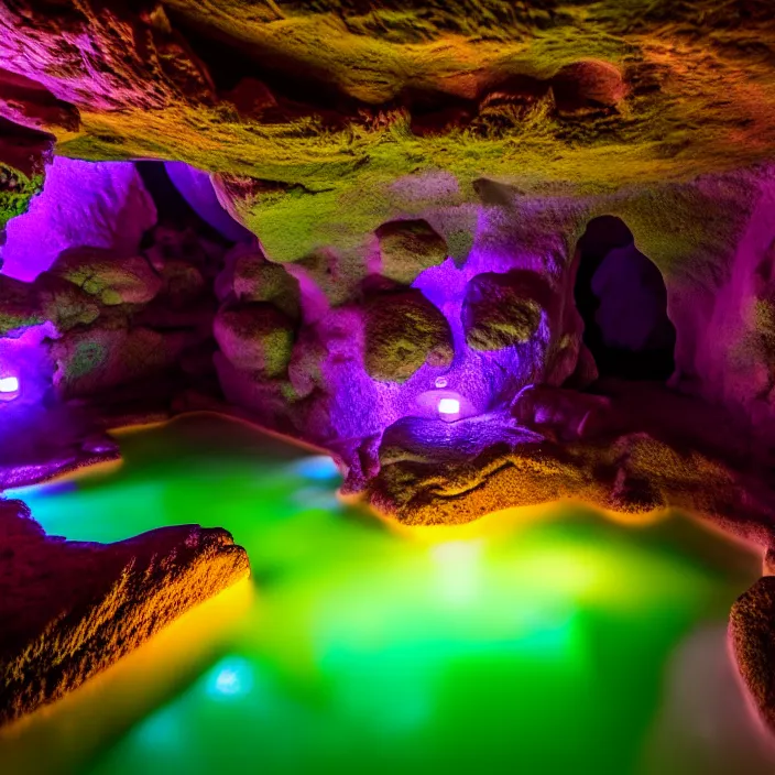 Image similar to photo of a fluorescent cave with a hot spring highly detailed 8 k hdr smooth sharp focus high resolution award - winning photo