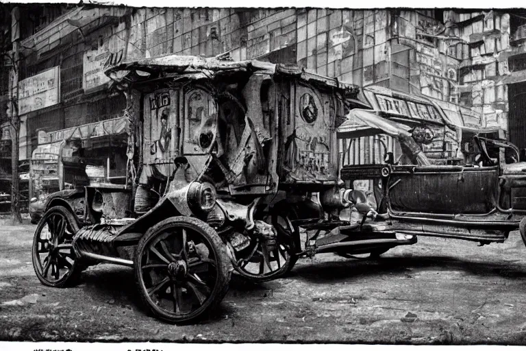 Prompt: cyberpunk 1 9 0 8 model ford t by paul lehr, metropolis, city, vintage film photo, scratched photo, scanned in, old photobook, silent movie, black and white photo