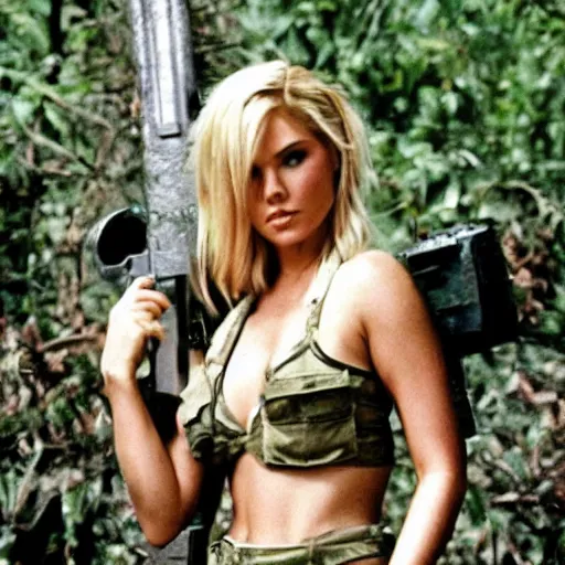 Image similar to elisha cuthbert as a commando in a jungle battlefield