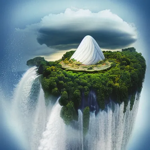 Image similar to “floating island in the sky, with a waterfalls, 4k image, award winning”