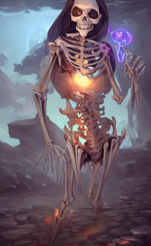 Image similar to a beautiful illustration of a skeleton nectomancer, scenic full shot, ambient lighting, by artgerm, makoto shinkai, wlop, rossdraws, featured on artstation, vertical orientation