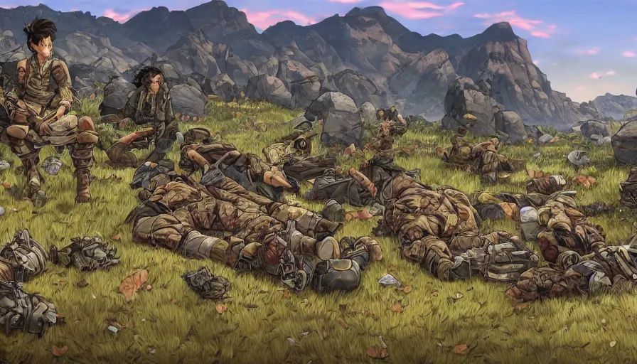 Prompt: the beautiful, chilling, panoramic view of dead soldiers on a field and rocks at dusk with a giant wall in the background. hyperrealistic anime background illustration by kim jung ki, borderlands, colorful, extremely detailed intricate linework, smooth, super sharp focus, bright colors, high contrast, matte, octopath traveler, unreal engine 5 highly rendered, global illumination, radiant light