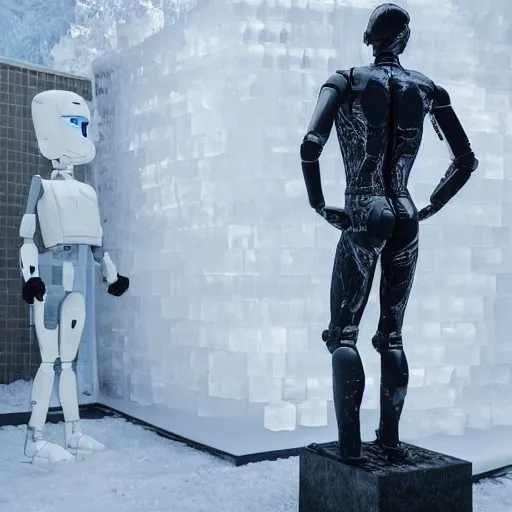 Image similar to made of ice, a realistic detailed photo of a guy who is an attractive humanoid who is half robot and half humanoid, who is a male android, on display, blank stare, showing off his muscles, shiny skin, posing like a statue, by the pool, frozen ice statue, f 1 driver pierre gasly, humanoid robot