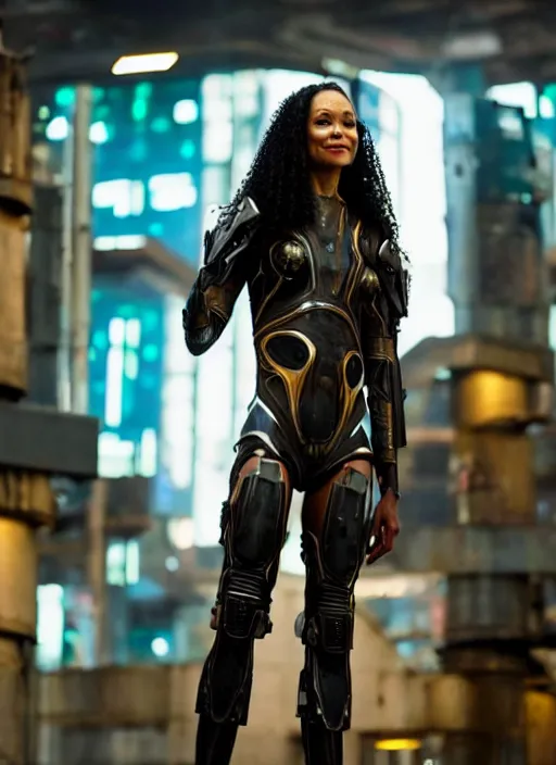 Image similar to thandiwe newton wearing cyberpunk armor in a utopian solarpunk city, photorealistic, 8 k hd resolution