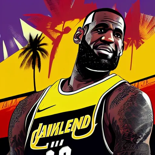 Prompt: happy lebron james, gta v cover art, cars in the background, art by stephen bliss