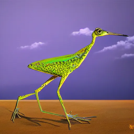 Image similar to a hybrid of a crane and a frog on the background of a blue sunset, photorealism, 4 k