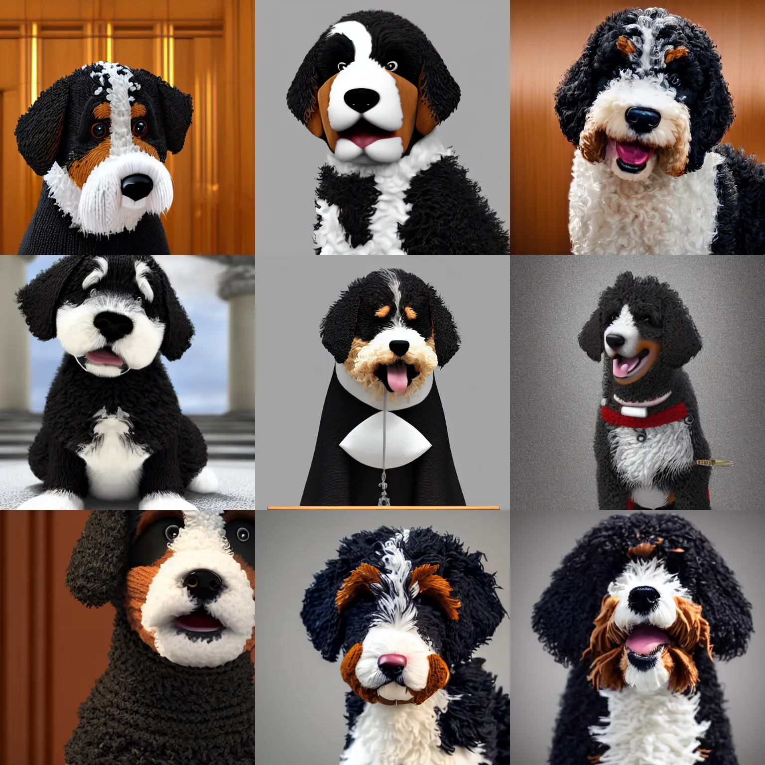 Prompt: a closeup photorealistic illustration of a smiling knitted bernedoodle judge puppy dressed in a black gown, presiding over the courthouse. gavel and scales of justice. this 4 k hd image is trending on artstation, featured on behance, well - rendered, extra crisp, features intricate detail, epic composition and the style of unreal engine.