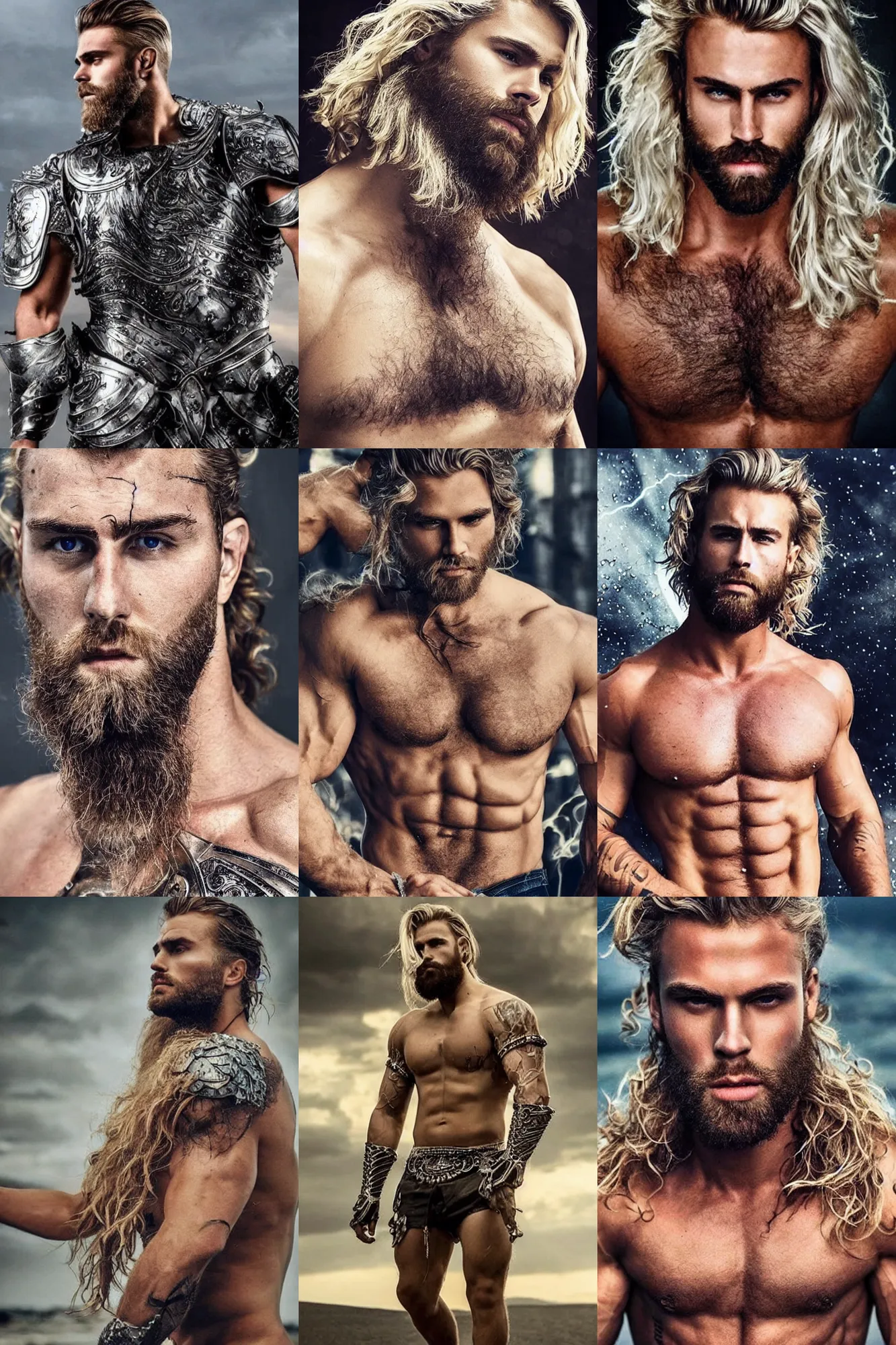 Prompt: beautiful gigachad with slick blonde beard, wavy hair, huge glistening muscles, many scars, wearing intricate silver armour. cinematic lightning. vivid colours. acrylic masterpiece.