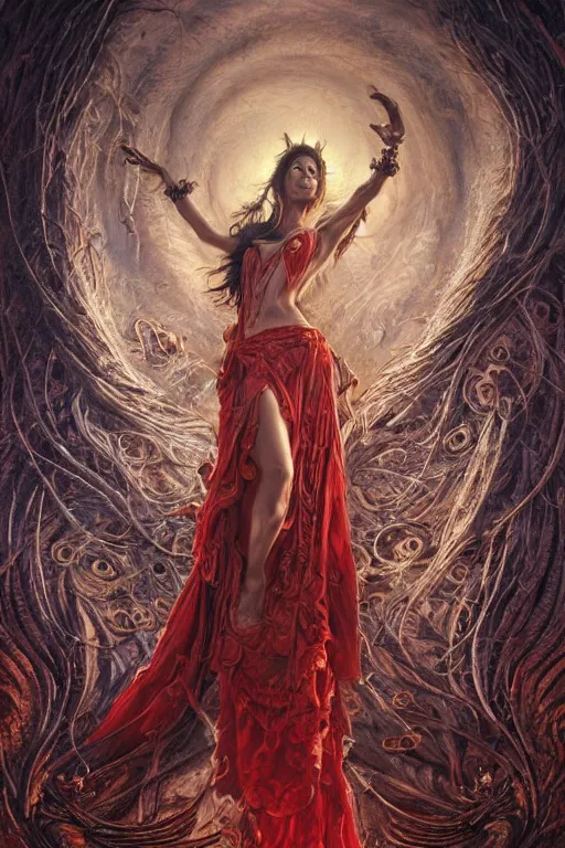 Image similar to A beautiful detailed tarot card of Michelle Yeoh, by tomasz alen kopera and Justin Gerard, symmetrical features, ominous, magical realism, texture, intricate, ornate, royally decorated, whirling smoke, embers, red adornements, red torn fabric, radiant colors, fantasy, trending on artstation, volumetric lighting, micro details, 3d sculpture, ray tracing, 8k, anaglyph effect