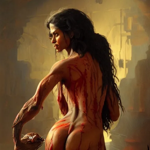 Image similar to painting of dark muscular oiled indian woman back, bloody, ultra realistic, concept art, intricate details, eerie, highly detailed, photorealistic, octane render, 8 k, unreal engine. art by artgerm and greg rutkowski and alphonse mucha