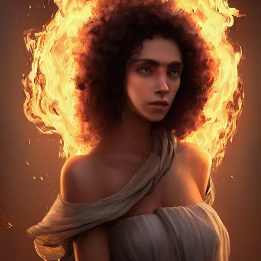 Prompt: character design, medieval, a woman with long dark curly hair and white eyes, theres a fire behind her, stoic, brown skin, alone dramatic, epic painting, painted by wlop and nixeu, cgsociety, beautiful, semirealism, artbreeder, artstation, volumetric light, octane render, sharpness, 8 k, golden ratio
