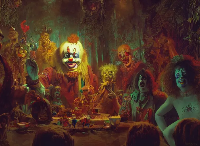 Image similar to wild underground carnival scene from a 7 0's movie by chris cunningham, kenneth anger and alejandro jodorowsky : : clowns, courtesans, animals : : ultra realistic, concept art, highly detailed by greg rutkowski, craig mullins, simon bisley 4 k