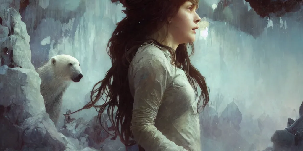 Image similar to young girl, afraid of a polar bear in the background, art of elysium by jeremy mann and alphonse mucha, fantasy art, photo realistic, dynamic lighting, artstation, poster, volumetric lighting, very detailed face, 8 k, award winning