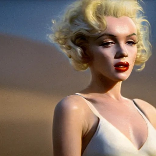 Prompt: 8 k hyperrealistic close range shot of blade runner 2 0 4 7 with marilyn monroe with natural hair, sweat, realistic skin with imperfections, very small lips, white summer dress. empty head. very long blonde hair flowing in the wind. desert landscape in the background with strong sun. lenses 5 0 mm