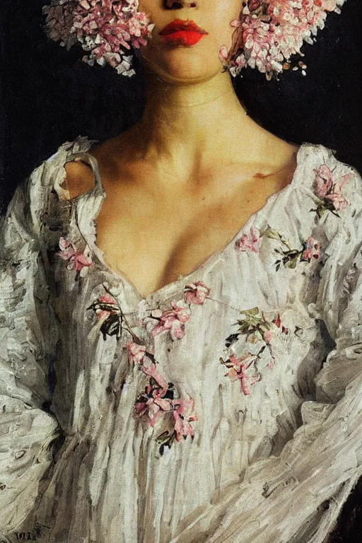 Image similar to close - up fashion black woman portrait airy flowers clouds art by vasnetsov