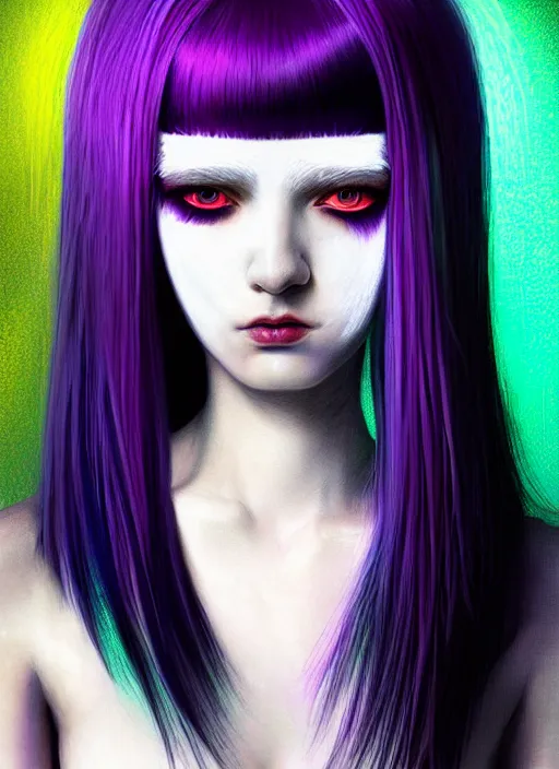 Prompt: hair whitebangs hair, black cyberlox, portrait of teenage girl with white bangs, whitebangsblackhair, messy bangs, cyberlox, whitebangs, red irises, purple clothes, intricate, elegant, glowing lights, highly detailed, digital painting, artstation, concept art, sharp focus, illustration, art by wlop, mars ravelo and greg rutkowski